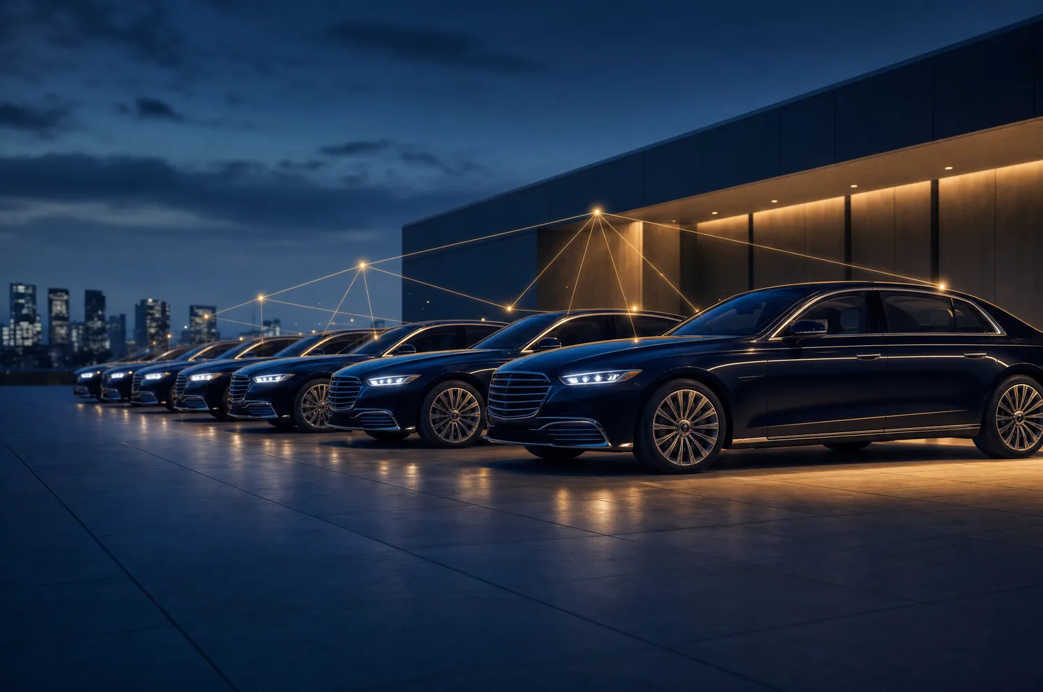 A coordinated fleet of executive cars at dusk, connected by fine gold data lines